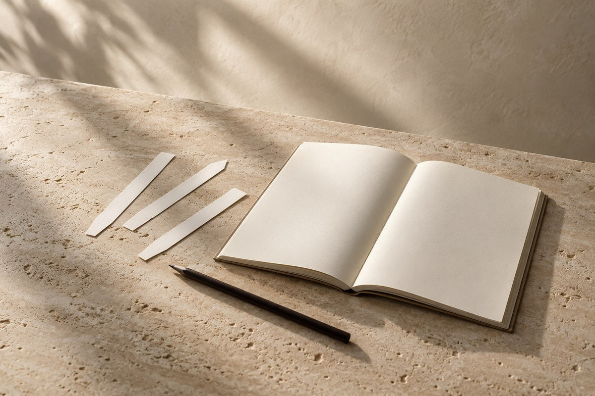 Blank perfume blotters and an open notebook on warm limestone in afternoon light
