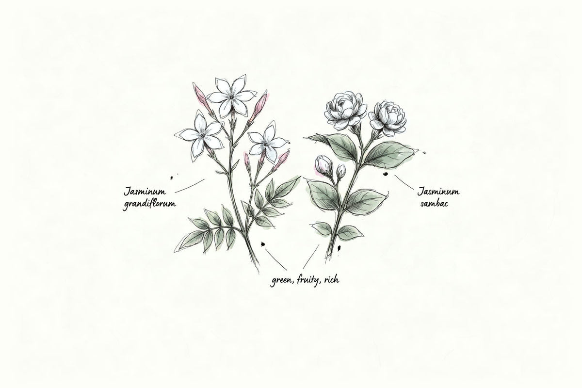 Pen-and-ink and watercolour sketch of two jasmine sprigs: Jasminum grandiflorum with open star-shaped white flowers and pink-tinged buds, and Jasminum sambac with rounded, layered white flowers, labelled green, fruity, rich.