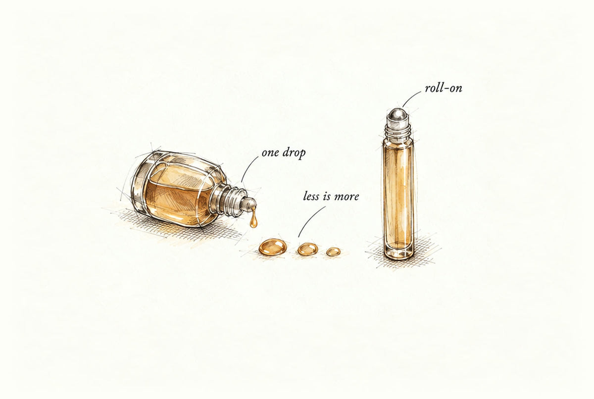Pen-and-ink sketch of a small perfume oil bottle with a drop leaving its stopper, a roll-on vial and three amber oil drops on cream paper