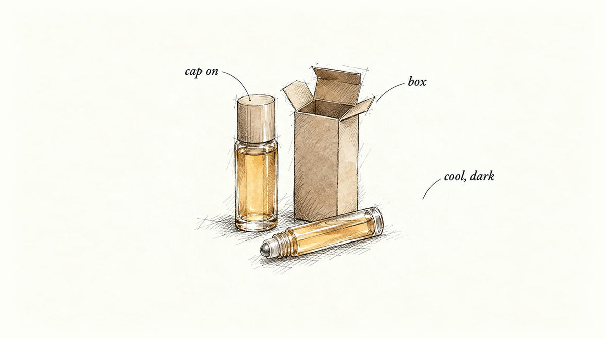 Pen-and-ink sketch of a plain glass perfume oil bottle beside its box and a small roll-on, labelled cap on, box, and cool, dark.