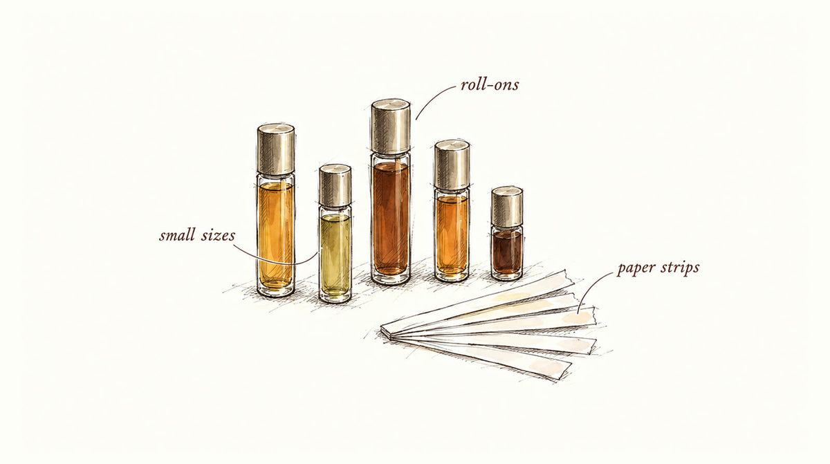 Pen and ink sketch of small unlabelled roll-on vials in a row beside a fan of paper testing strips