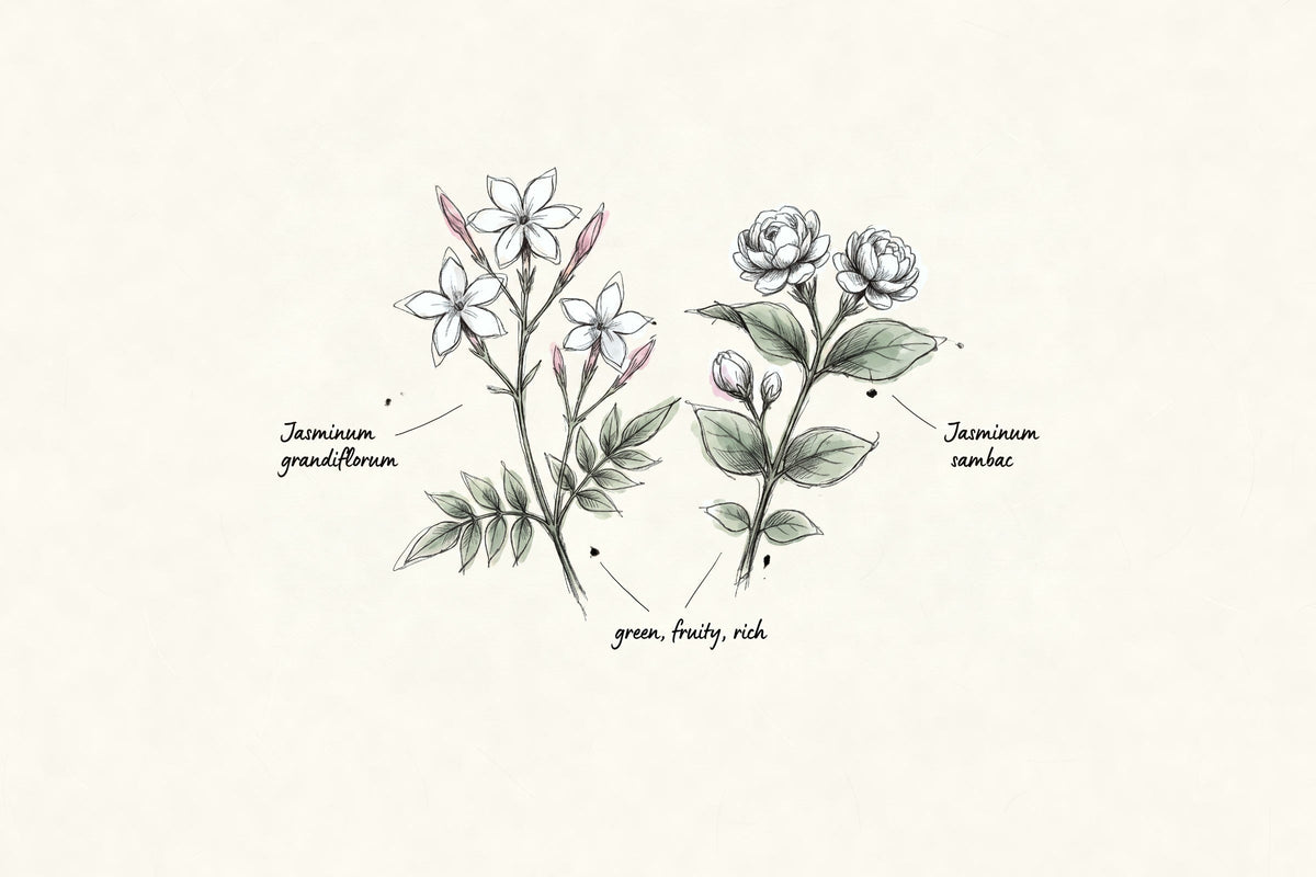 Pen and watercolour sketch of two jasmine sprigs labelled Jasminum grandiflorum and Jasminum sambac, with the note green, fruity, rich