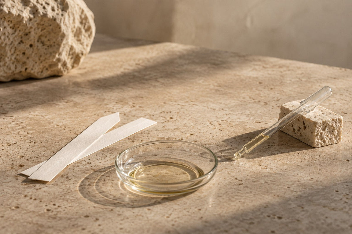A glass dish of amber-coloured oil, a pipette and blank perfume blotters on pale limestone