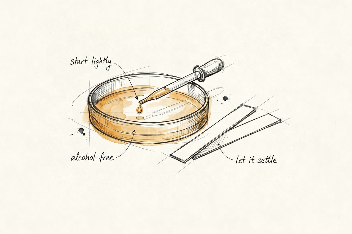 Pen and watercolour sketch of a glass dish of amber perfume oil, a pipette and testing strips, with the notes start lightly, alcohol-free, let it settle