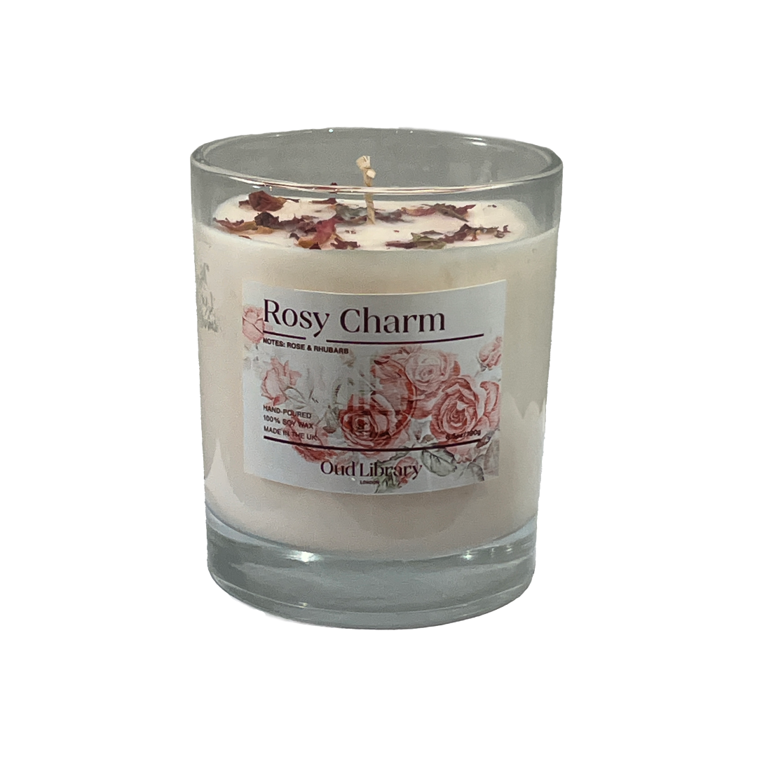 Rosy Charm soy wax candle in a glass jar by Oud Library