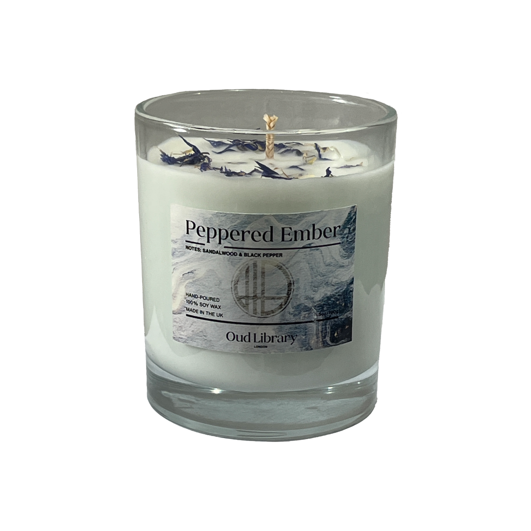 Peppered Ember soy wax candle in a glass jar by Oud Library