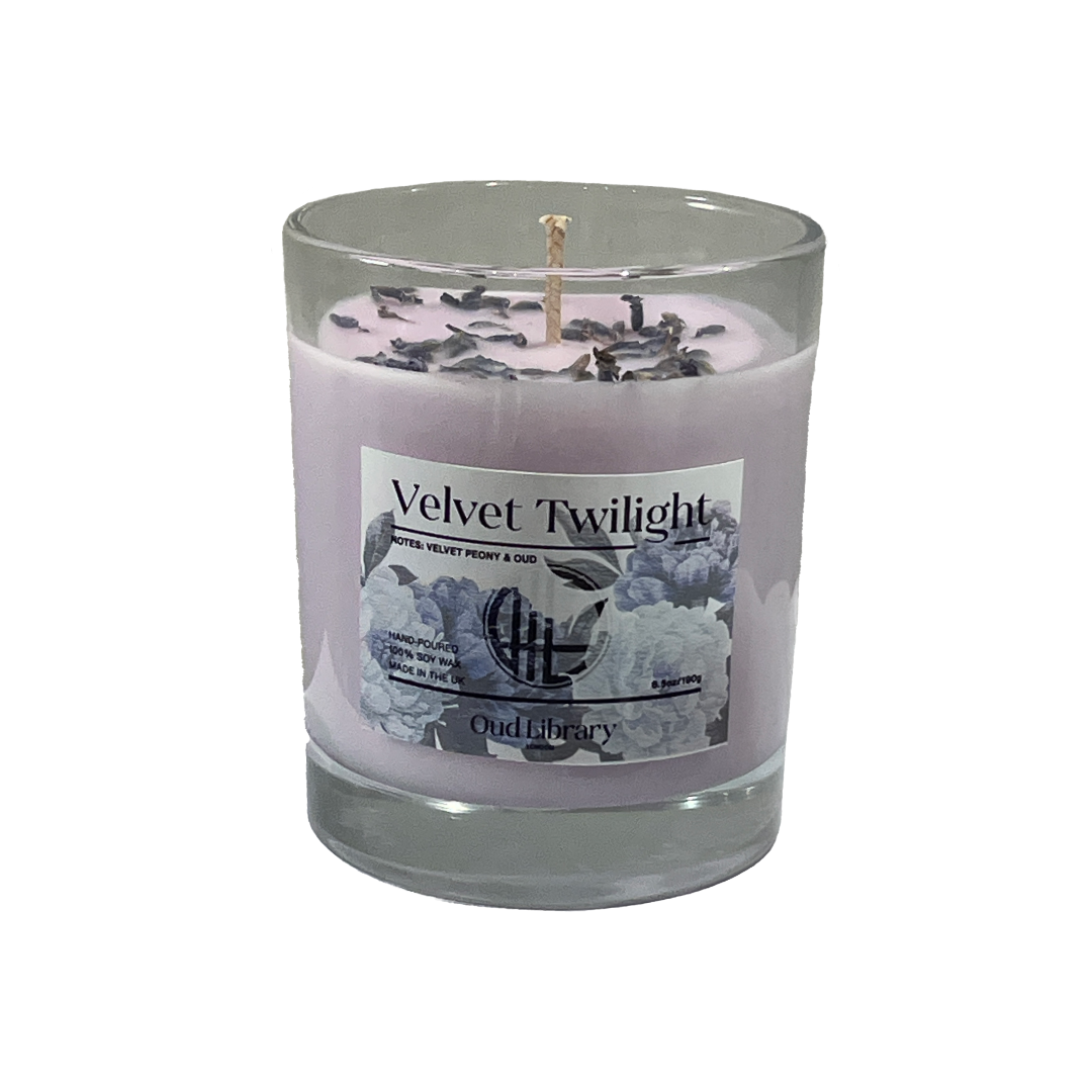 Velvet Twilight soy wax candle in a glass jar by Oud Library