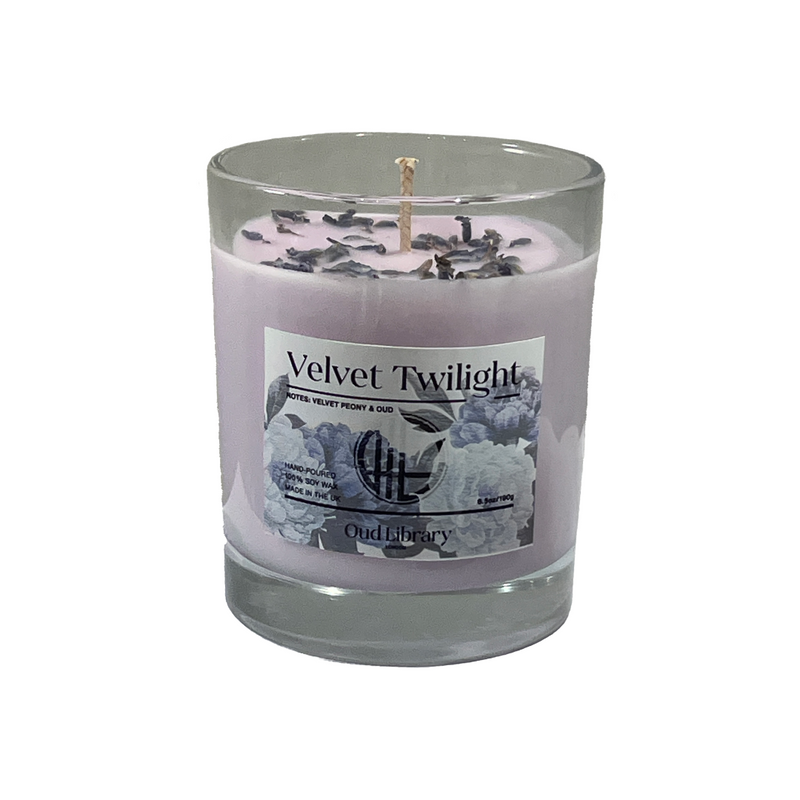 Velvet Twilight soy wax candle in a glass jar by Oud Library