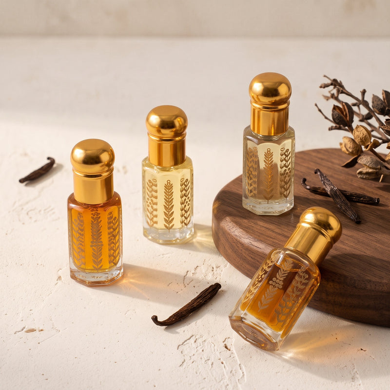 Four Oud Library perfume oil roll ons in gold topped bottles with dried vanilla pods on a cream surface