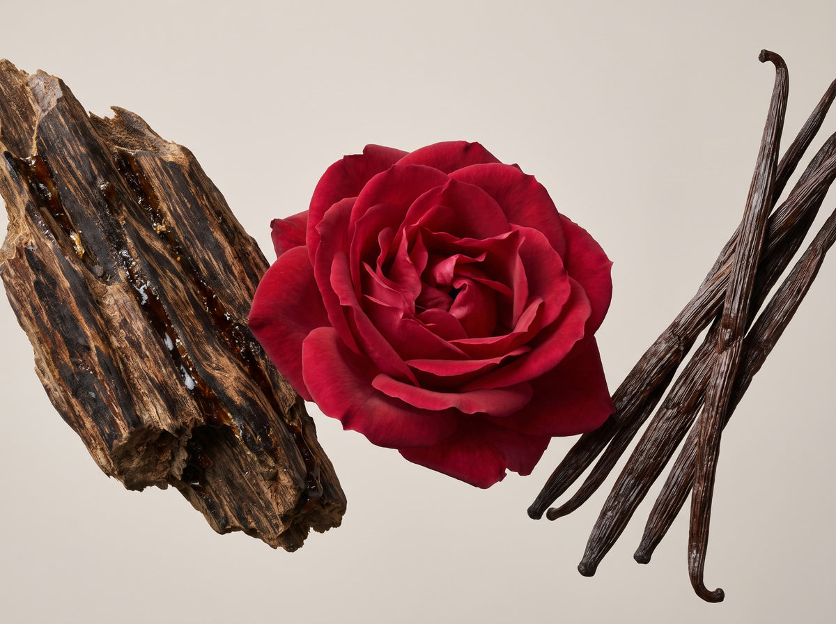 A chunk of oud wood, a crimson rose and vanilla pods floating against warm stone